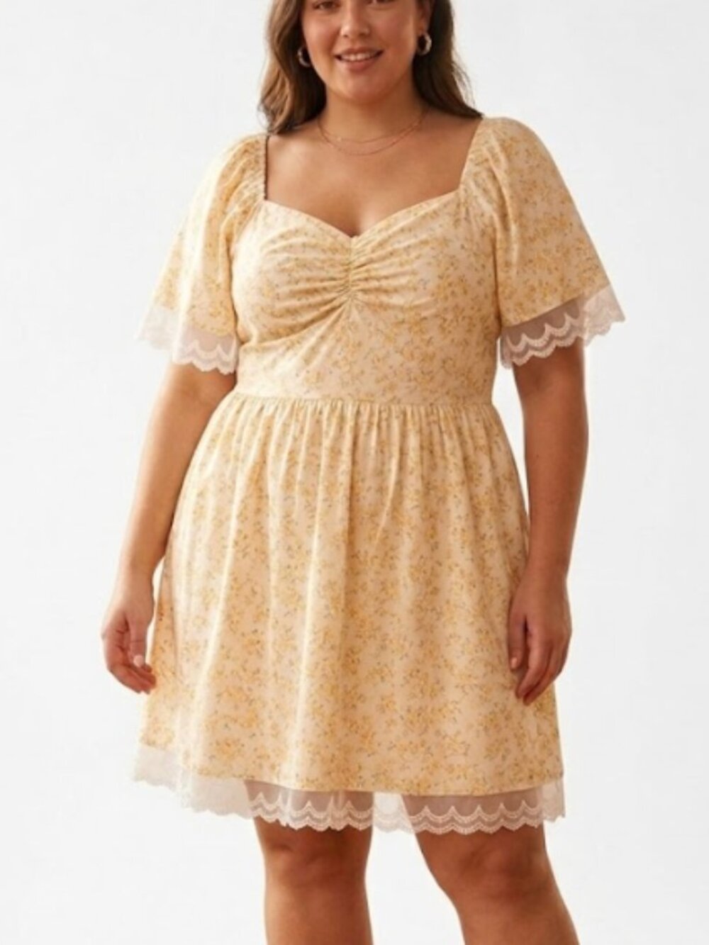 Scarlet Darkness | Ditsy Floral Lace Trimmed Dress Butter Yellow | Size 2XL